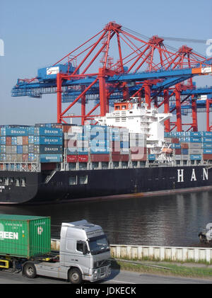 Allemagne, Hambourg, port, port à conteneurs, eurogate, porte-conteneurs de la ligne Hanjin, camion, Deutschland, Hafen, Containerhafen, Eurogate Conteneur, Banque D'Images