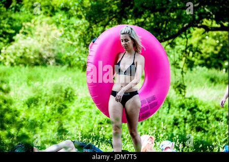 Baignoire, Claverton, Weier Warleigh. Jun 21, 2017. Météo britannique. Vague de chaleur en juin la plus chaude apporte depuis 40 ans, les gens affluent à Warleigh Weier pour vous rafraîchir. Un déversoir de 100 m de long dans un magnifique vallée de l'Avon. Pré, vieux ferry crossing étapes, s'étend de l'eau profond long. C'était une ambiance de fête à la place Credit : Chandra Prasad/Alamy Live News Banque D'Images