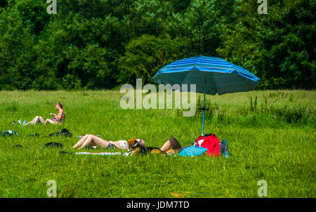 Baignoire, Claverton, Weier Warleigh. Jun 21, 2017. Météo britannique. Vague de chaleur en juin la plus chaude apporte depuis 40 ans, les gens affluent à Warleigh Weier pour vous rafraîchir. Un déversoir de 100 m de long dans un magnifique vallée de l'Avon. Pré, vieux ferry crossing étapes, s'étend de l'eau profond long. C'était une ambiance de fête à la place Credit : Chandra Prasad/Alamy Live News Banque D'Images