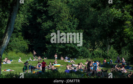Baignoire, Claverton, Weier Warleigh. Jun 21, 2017. Météo britannique. Vague de chaleur en juin la plus chaude apporte depuis 40 ans, les gens affluent à Warleigh Weier pour vous rafraîchir. Un déversoir de 100 m de long dans un magnifique vallée de l'Avon. Pré, vieux ferry crossing étapes, s'étend de l'eau profond long. C'était une ambiance de fête à la place Credit : Chandra Prasad/Alamy Live News Banque D'Images