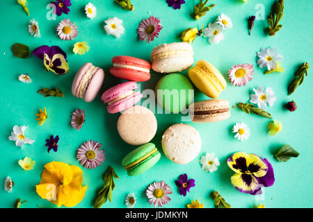 Macarons colorés et appétissants de belles fleurs sur fond vert. Modèle plat Banque D'Images