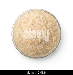 Vue de dessus du bol de riz cru avec isolated on white Banque D'Images