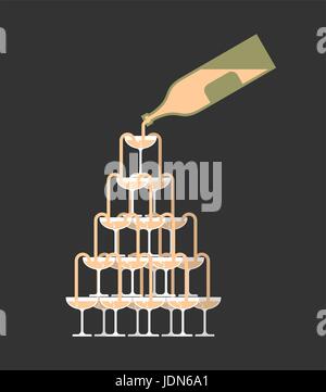 Bouteille pour verre de champagne tour. L'alcool dans le verre du beffroi. Pyramide de vin. Cocktail hill Illustration de Vecteur