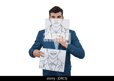 Illustration of businessman holding deux documents avec différentes émotions tirées, l'une cachant la moitié de visage avec expressionon en colère et un autre avec une bonne fa Banque D'Images