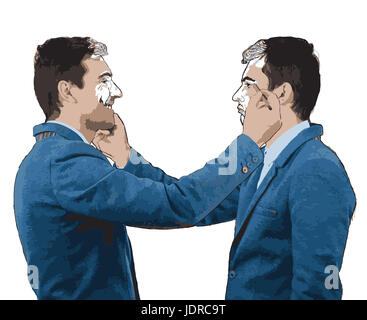 Illustration de jeune homme avec différentes émotions, heureux et triste, essayez de tirer lui-même par la mémoire. Self Portrait expression croquis. Créez le vôtre Banque D'Images