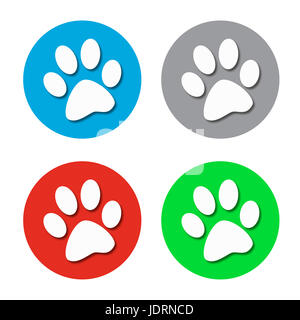 Icons set empreintes de pattes d'animaux dans différents cercles colorés. Image graphique raster Banque D'Images