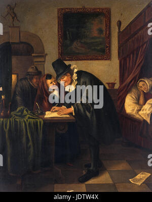 Jan Steen - un médecin écrit une ordonnance pour une jeune femme malade Banque D'Images