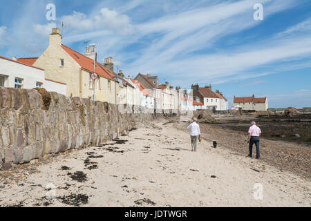 Pittenweem West Shore beach - couple walking dog en été, Pittenweem, Fife, Scotland, UK Banque D'Images