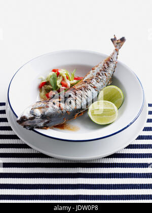 Assiette de poissons grillés avec une salade Banque D'Images