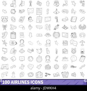 100 compagnies aériennes icons set style du contour, Illustration de Vecteur