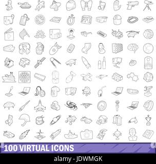 100 icônes virtuels, jeu de style contour Illustration de Vecteur