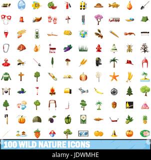 100 la nature sauvage, cartoon style icons set Illustration de Vecteur