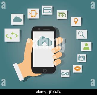 Concept de services cloud sur téléphone mobile tels que le stockage, l'informatique, vous pouvez, l'album photo, l'échange de données. Illustration de Vecteur