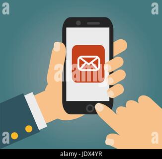Hand touching smart phone avec symbole e-mail sur l'écran. Using smartphone similaire à l'iphone, télévision design concept. vecteur. Illustration de Vecteur
