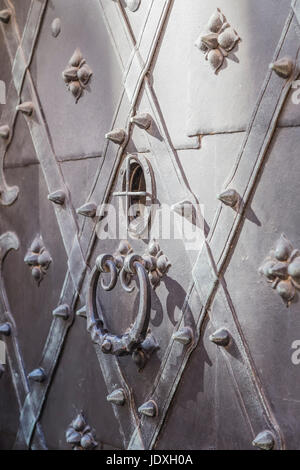 Fragment d'une ancienne porte d'acier avec des ornements en fer forgé Banque D'Images