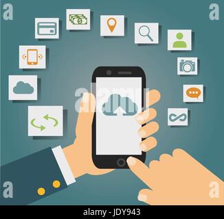 Notion de vecteur aux services de cloud sur téléphone mobile tels que le stockage, l'informatique, vous pouvez, l'album photo, l'échange de données. Avec des icônes ou des boutons web ar Illustration de Vecteur