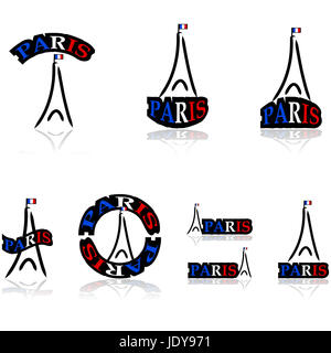 Définir l'icône montrant une interprétation libre de la Tour Eiffel, combiné avec différentes variations du mot Paris Banque D'Images