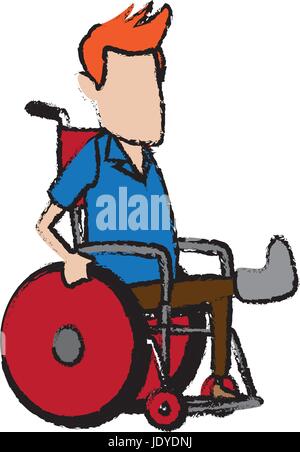 Cartoon homme assis fauteuil roulant avec fracture de la jambe souffrant de douleur Illustration de Vecteur