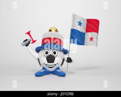 Un mignon et drôle personnage soccer tenant le drapeau national du Panama et une corne vêtus aux couleurs de Panama sur fond lumineux soutenir son équipe Banque D'Images