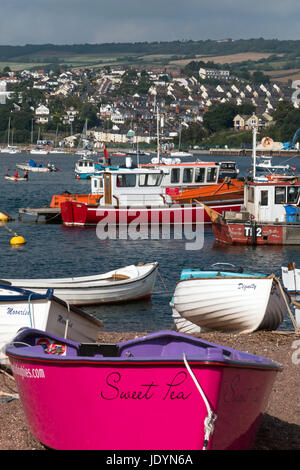 Voir l'estuaire de la Teign, avec ses bateaux amarrés, vu de l'arrière plage, Teignmouth, Devon, England, UK Banque D'Images