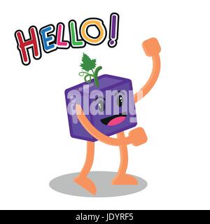 Fruit de raisin Smiling Cartoon Mascot Character, fruits heureux isolé sur fond blanc avec le texte Bonjour, Vector Illustration. Illustration de Vecteur