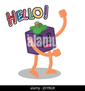 Smiling Mangoustan Cartoon Mascot Character, fruits heureux isolé sur fond blanc avec le texte Bonjour, Vector Illustration. Illustration de Vecteur