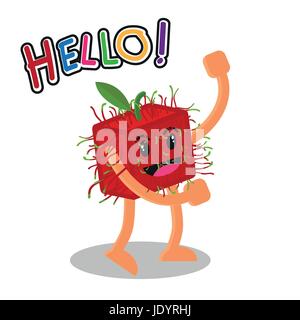 Smiling Rambutan Fruit Cartoon Mascot Character, fruits heureux isolé sur fond blanc avec le texte Bonjour, Vector Illustration. Illustration de Vecteur