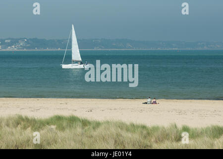 Studland Beach, péninsule de Purbeck, Dorset, UK, 21 juin 2017. Sur ce qui pourrait être le dernier jour de la vague de chaleur actuelle, c'est une chaude journée ensoleillée sur la belle étendue de sable de la côte sud populaire avec les vacanciers et les excursionnistes. Une brise de mer et la température de 24 degrés. Une navigation à voile blanche par. Banque D'Images