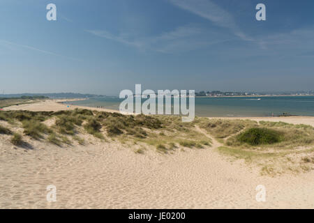 Dunes de sable à Studland Beach, Purbeck Peninsular, Dorset, Royaume-Uni, en direction de Sandbanks et Bournemouth. Banque D'Images