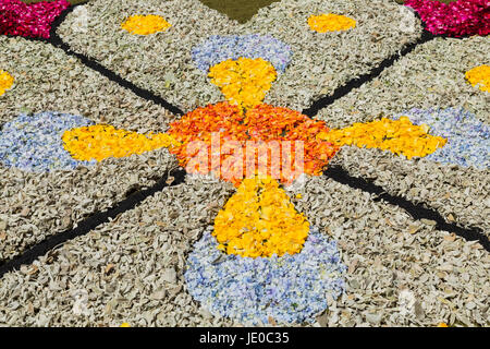 La Orotava, Tenerife, 22 juin 2017. Célébrations Corpus Christi annuelle lorsque les gens locaux faire tapis de pétales de fleurs, de graines et de sable dans les rues et places de La Orotava. Plusieurs des tapis décrivent des scènes de la vie du Christ et le tapis de sable principale dans l'hôtel de ville plaza cette année montre le pape avec une vieille dame paysanne aux côtés de Christ, Moïse, Dieu et une colombe blanche dans son image centrale. Credit : Phil Crean A/Alamy Live News Banque D'Images