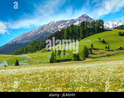 Jets d'eau d'irrigation en été montagne Alpes (Italie). Ciel bleu avec quelques nuages. Banque D'Images