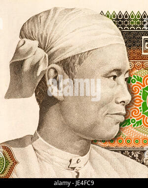 L'agent général Aung San (1985) sur 75 kyats Banknote de Birmanie. Révolutionnaire nationaliste birman, et fondateur de l'armée birmane moderne. Banque D'Images