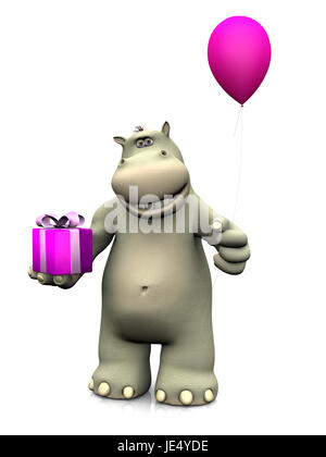 A smiling cartoon hippo tenant un cadeau d'anniversaire dans une main et un ballon rose dans son autre main. Arrière-plan blanc. Banque D'Images