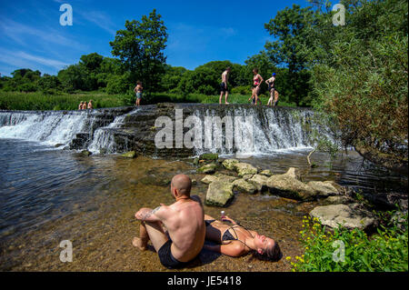 Les nageurs et les baigneurs profiter de l'eau à Warleigh Weir sur la rivière Avon près de Bath dans le Somerset. Banque D'Images