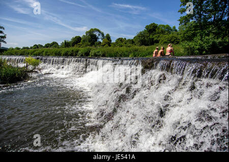 Les nageurs et les baigneurs profiter de l'eau à Warleigh Weir sur la rivière Avon près de Bath dans le Somerset. Banque D'Images