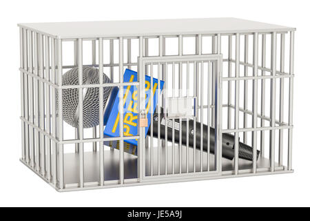 Appuyez sur microphone à l'intérieur de la cage, cellule de prison. La liberté de presse interdiction concept. Le rendu 3D Banque D'Images