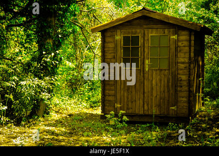 Pavillon de chasse en bois rouge avec de l'herbe sur le toit près de la route dans la forêt Banque D'Images