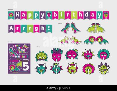 Les dinosaures girl party anniversaire jeu de décoration Illustration de Vecteur