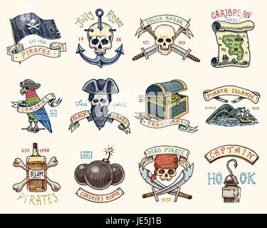 Ensemble de gravés, dessinés à la main, vieux, ou étiquettes de corsaires, bouteille de rhum et d'os, bombe, crâne avec sabres, crochet. Jolly Roger. Pirates et marines ou nautique mer des Caraïbes, l'océan emblèmes. Illustration de Vecteur