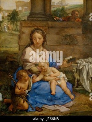 La peinture de Carlo Maratta 'Virgin and Child with Equipements John' de 1618 capture un thème religieux classique, avec un accent sur la Sainte famille. L’œuvre met en lumière la maîtrise de Maratta en art religieux et en composition classique. Banque D'Images