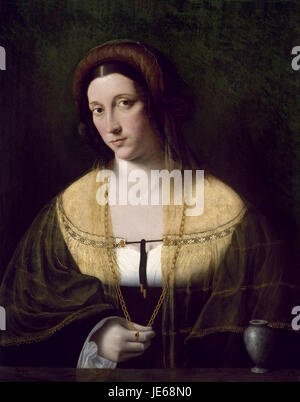 'Portrait d'une dame' de Bartolomeo Veneto est une peinture italienne du XVIe siècle, mettant en valeur l'élégance et la ressemblance détaillée d'une noble femme. Le portrait reflète la mode et le style de la Renaissance vénitienne. Banque D'Images
