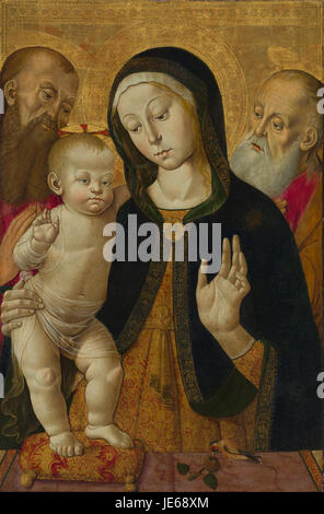 'Madone et enfant avec deux saints de l'ermite' de Bernardino Fungai représente la Vierge Marie avec l'enfant Jésus, accompagné de deux saints de l'ermite. La peinture reflète l'art de la Renaissance siennoise, caractérisé par ses thèmes de dévotion et son symbolisme religieux. Banque D'Images