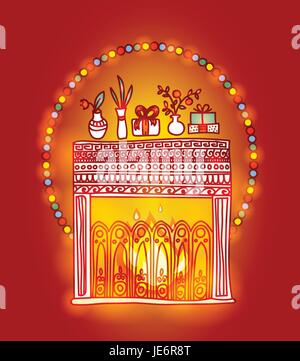 Cheminée, des cadeaux et des lumières fluorescentes. Cosy et chaleureux de l'élément de conception à la main pour Noël ou Nouvel An carte de vœux. Joyeux Noël et Bonne Ne Illustration de Vecteur