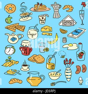 Le petit déjeuner du matin doodle vecteur coloré situé sur bleu. croquis, objets isolé sur blanc. Pain, beurre, snack, alimentation, lait, toasts, confiture, céréales, café, Illustration de Vecteur