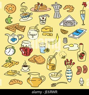 Le petit déjeuner du matin doodle croquis colorés. Illustration de Vecteur