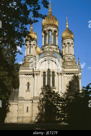 Allemagne, Hesse, Wiesbaden, Nero, montagne Saint Elisabeth Kirche, russe-orthodoxe, l'été, la montagne Hausberg, sacrée, de la construction, la structure de l'église, traditionnellement, l'église, Russian-Byzantine tombeau, église, Grablege bulbeux, spires, la grande-duchesse, l'architecture, de la mémoire, le deuil, l'childbed, mémoire, hill, point d'intérêt, de bois, de l'extérieur, Banque D'Images