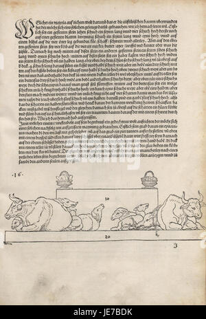 Cette image montre une page de 'Underweysung der Messung' (instruction de mesure) par Albrecht Dürer. Le livre fournit des instructions détaillées sur la géométrie et les instruments mathématiques, illustrant les contributions de Dürer à la science et aux mathématiques. Banque D'Images
