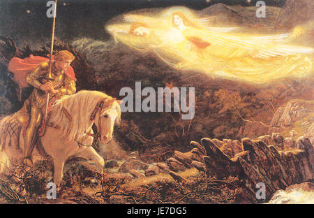 La peinture d'Arthur Hughes 'Sir Galahad' représente le chevalier légendaire de la légende arthurienne. La peinture capture les qualités héroïques de Sir Galahad, connu pour sa pureté, sa dévotion et sa quête du Saint Graal, avec une grande attention aux détails. Banque D'Images
