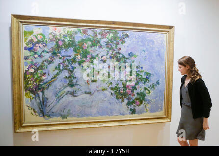 Vancouver, Canada. 22 Juin, 2017. Un visiteur admire la peinture 'Les Roses' pendant un essai de la "Claude Monet's Secret Garden' exposition à la Vancouver Art Gallery, à Vancouver, Canada, le 22 juin, 2017. L 'Claude Monet's Secret Garden' présentera 38 tableaux qui sont considérés comme des maîtres de l'Impressionnisme Claude Monet's la plupart des collections remarquables. L'exposition est prévue pour la période du 24 juin au 1 octobre. Credit : Liang Sen/Xinhua/Alamy Live News Banque D'Images