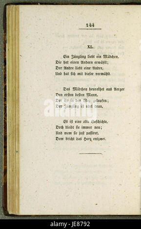 Une page du 'Buch der Lieder' (Livre des chansons), un recueil de poésie et de paroles allemandes, avec un poème reflétant des thèmes de l'amour et de l'émotion, important dans la littérature allemande du XIXe siècle. Banque D'Images